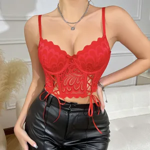Scharfes rotes Spitzen-Korsett-Top für Damen mit Push-up-BH-Design und stilvollen Schnürbändern.