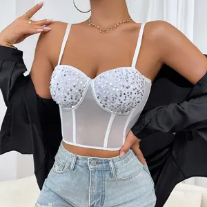 Damen Sexy Mesh Atmungsaktiver Stahlring Korsett Gepolstert Tief Ausgeschnitten Slim Cami Weste Sommer Party Club Wear