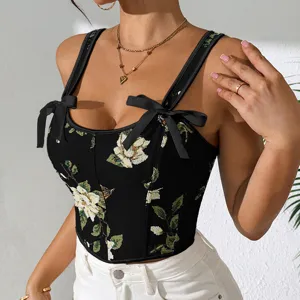 Top corsé con estampado floral para mujer, con elegantes tirantes de lazo negro y ajuste.