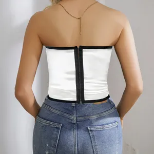 White strapless corset tube top detail showcasing back hook-and-eye closure and slim fit design.