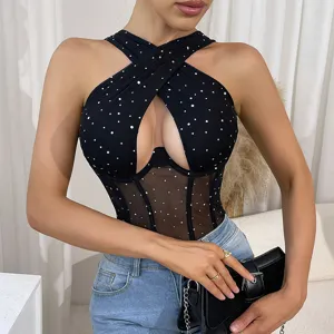 Attraktives sexy transparentes Mesh Korsett Body Oberteil mit Strass Detail Ansicht