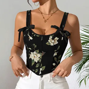 Corsé floral con lazo estilo francés mujer top elegante y sin mangas estampado