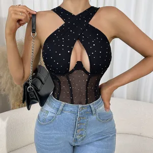 Sexueller schwarzer Strass Mesh Body Damen figurbetont ärmellos Korsett Top Clubwear