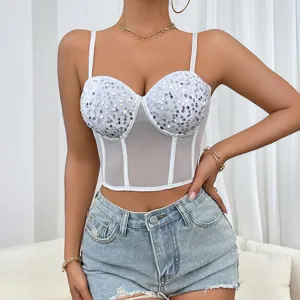 Sexy weißes Pailletten-Netz-Korsett-Top mit Bügel und Polsterung für Damenmode.