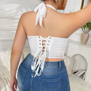 Detailed view of the back lace-up halter crop top, showcasing ruched corset design features.