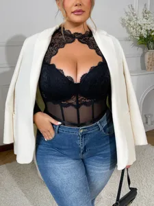 Plus size sexy lace sheer bodysuit for women, cutout halter mesh lingerie top clothing.