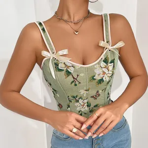 Green floral jacquard corset camisole with sweet bow straps for a stylish French retro look.