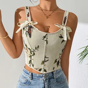 Top corsé vintage francés de jacquard floral con tirantes decorados con bonitos lazos.