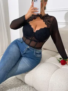 Plus size black lace sheer long sleeve bodysuit sexy lingerie for women clubwear.