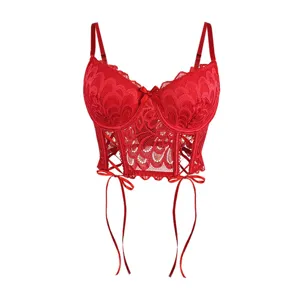 Rotes Spitzen-Korsett-Korsagen-Top mit Fischbeinen und Schleifenbändern für Damen Detailansicht