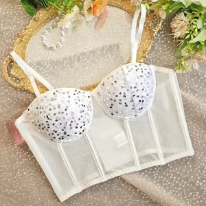 Weißes Pailletten-Mesh-Korsett-Oberteil mit Bügelunterstützung und gepolsterten Cups für Damen.