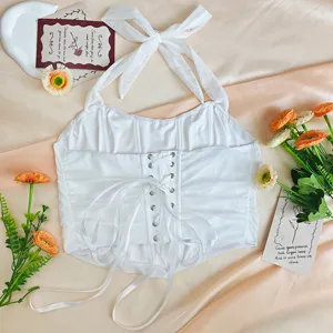 White halter corset top lace-up back mesh sexy crop top women summer fashion apparel