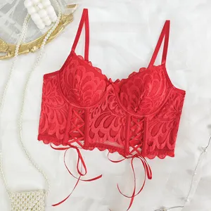 Rotes Spitzenkorsett Bralette, sexy Push-Up Bustier Oberteil mit Knochen und Schleifen.