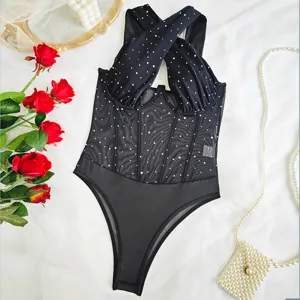 Sexiger schwarzer Pünktchen Mesh Halter Korsett Body, figurbetonte ärmellose Tops.