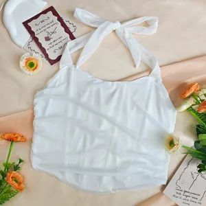 White halter neck mesh corset top, sexy sleeveless backless crop top with bow tie for women.