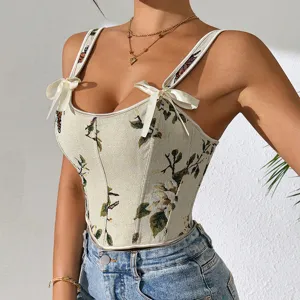 Top de corsé floral francés con tirantes de lazo, diseño ajustado para mujeres elegantes.