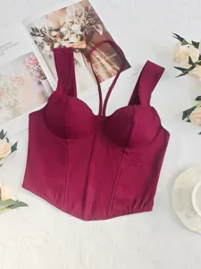 Wine red french style corset top camisole, elegant fishbone cropped sleeveless shirt for women.