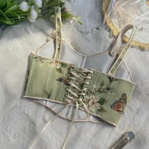 Top corsé floral vintage francés con lazo y elegante estampado de mariposa verde