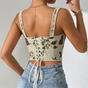 Top corsé corto con cordones jacquard floral vintage francés detalle de vista trasera