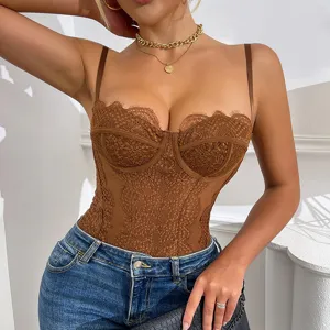Sexy brown lace sheer mesh corset bodysuit with slim fit and delicate straps for women.