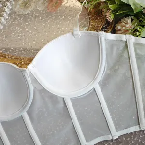 Weißes Mesh Korsett Top mit Bügel gepolsterten Cups sexy trägerloses Bustier Unterhemd