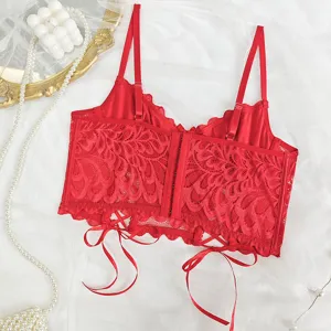 Rotes Spitzenkorsett-Camisole-Detail, elegantes Träger-Schnür-Bustier-Top für Damen.