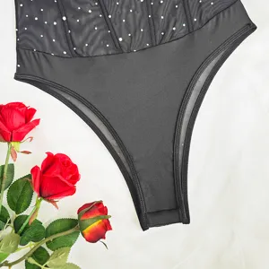 Detailaufnahme des schwarzen Mesh Strass Bodysuit, sexy figurbetonendes Korsett Oberteil.