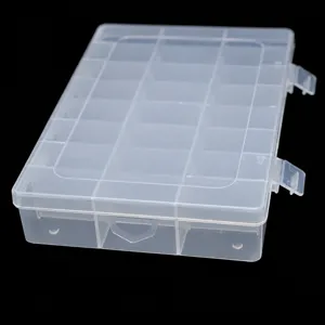 Transparante plastic opbergdoos met verstelbare vakken en ophangring voor knutselkralen en sieraden.