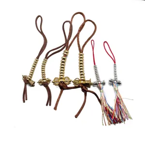 Tibetan Buddhist prayer bead counter set with Dorje bell pendants and colorful tassels.