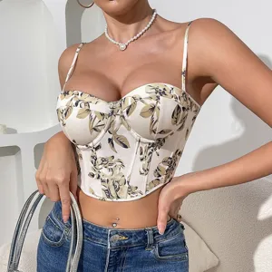 Stylish women vintage floral print corset crop top with delicate bustier detail.
