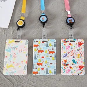 Lindo cordón retráctil de color caramelo de dibujos animados y tarjetero para estudiantes.