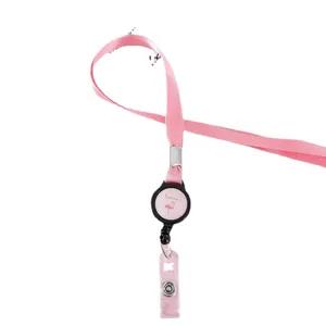 Lindo cordón rosa con portatarjetas retráctil de flamenco para tarjetas de estudiantes.
