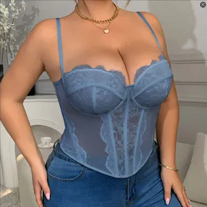 Women sexy lace corset bustier top sleeveless spaghetti strap camisole streetwear.