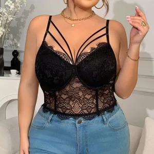 Plus size black lace strappy camisole bustier top with delicate floral details for women.