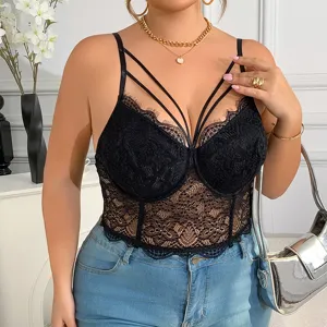 Plus size black lace bustier camisole top with multi straps for women fashion clothing detail view