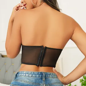 Top corset nero senza spalline in rete, bustier trasparente schiena scoperta con chiusura a gancio.