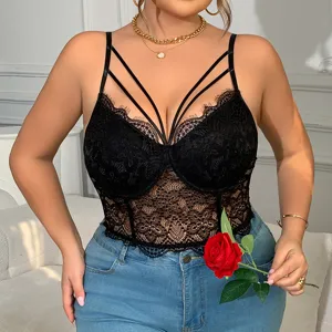 Plus size black lace corset camisole with multi-strap detail, elegant sexy floral design for women.