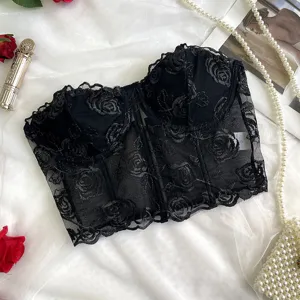 Top corset in pizzo nero con ricamo floreale e design in mesh, corsetto sexy da donna.