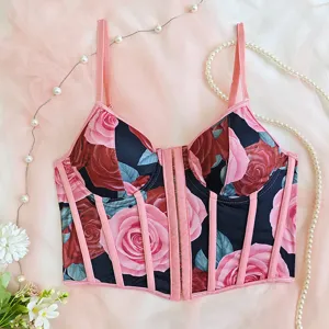 Vue détaillée haut corset femme imprimé floral, coupe ajustée et baleines de soutien.