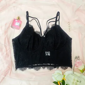 Black lace bustier camisole with multi straps, sexy plus size lingerie top for women.