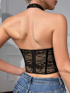 Detailed view of the black lace halter corset back, showing delicate floral lace and hook closure.