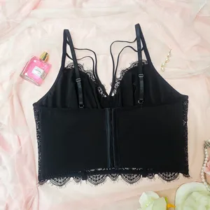 Plus size black lace bustier camisole with multi straps, elegant corsets for women.