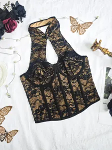 Women sexy black lace halter corset top vintage floral bustier boned crop cami vest