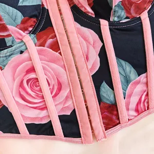 Haut corset floral sexy pour femmes, bustier ajusté avec baleines roses et imprimé élégant.