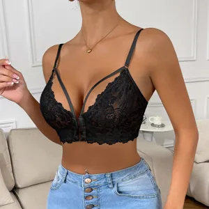 Caraco en dentelle noire sexy bretelles spaghetti col en V crop top détail aperçu
