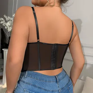 Detail view of back design, plus size black mesh boned corset camisole for women.