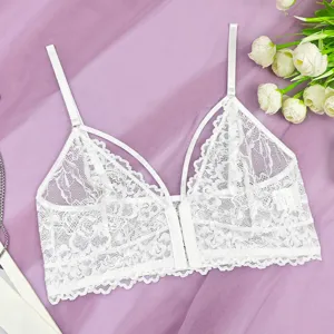Top bralette en dentelle blanche sexy col V bretelles spaghetti fines sans coussinet.