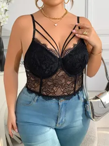 Plus size black lace camisole corset top for women, sexy strappy bustier vest for daily wear.