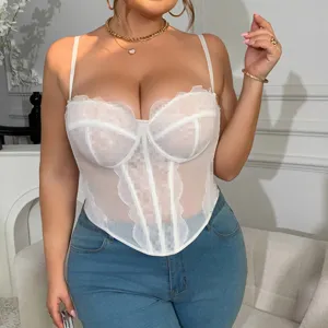 Plus size white lace corset top, sexy sheer mesh strapless bustier with boning details.
