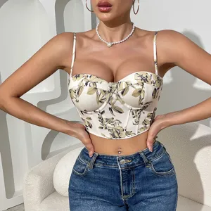 Detailed view of floral corset crop top, sweetheart neckline, boning support, summer style.